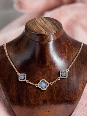 Rose-Gold Plated Dyademo W/ Three Blue Crystal Four-Leaf Clover Charms Necklace